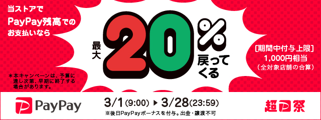 超PayPay祭開催中！最大1,000円相当 20%戻ってくる！3月28日（日）23:59まで！