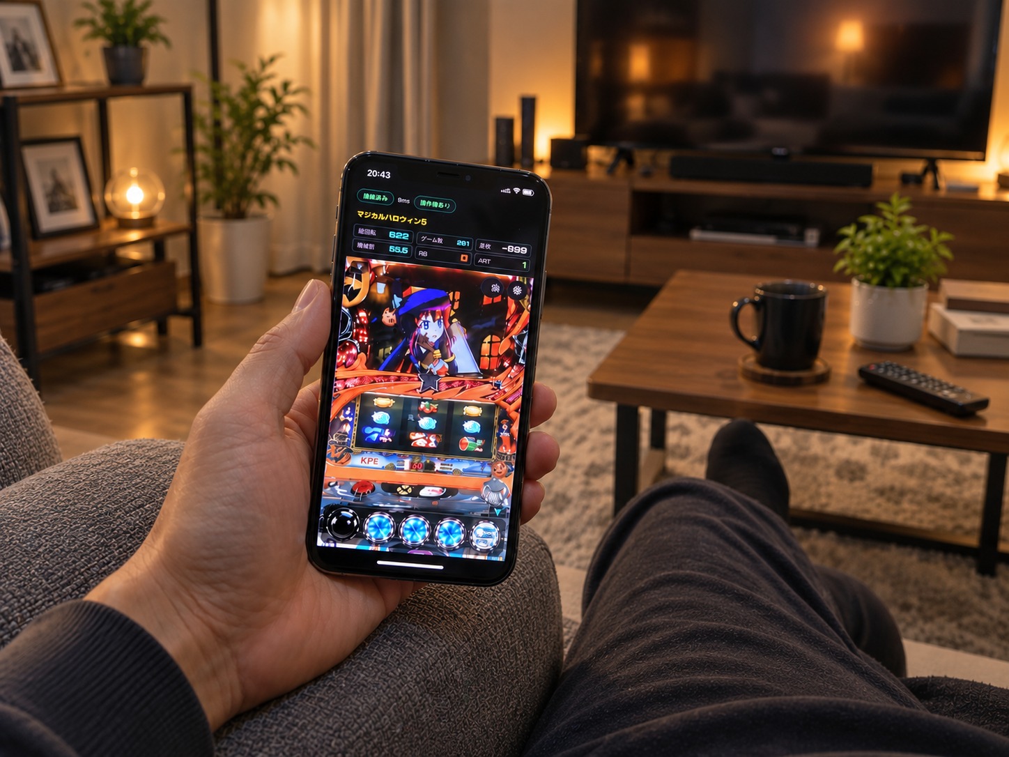 ソファーでくつろぎながら、手元のスマホで自宅の実機を遊んでいる様子