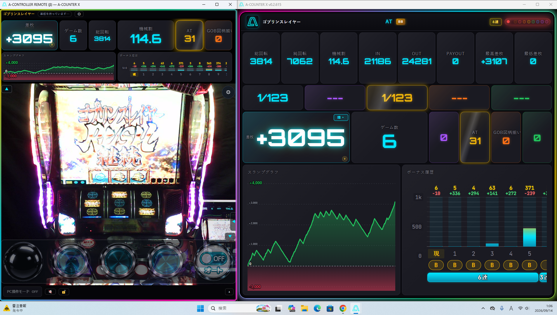 PC の画面: 左に実機の映像と操作ボタン（A-CONTROLLER REMOTE）、右にプレイデータ（A-COUNTER X）