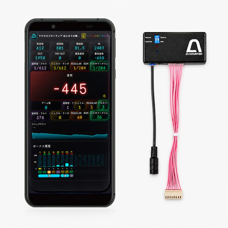 A-COUNTER X 端末セット。付属のAndroid端末 AQUOS sense3 basic に A-COUNTER X を表示した状態と、通信アンテナ本体・接続ハーネス