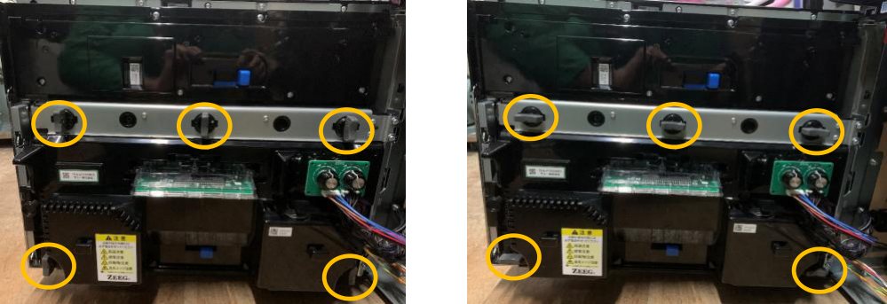 手順2：前扉下パネルユニットの止め具5か所（黄色の丸）／ZEEG CROSSLINK用 説明書より